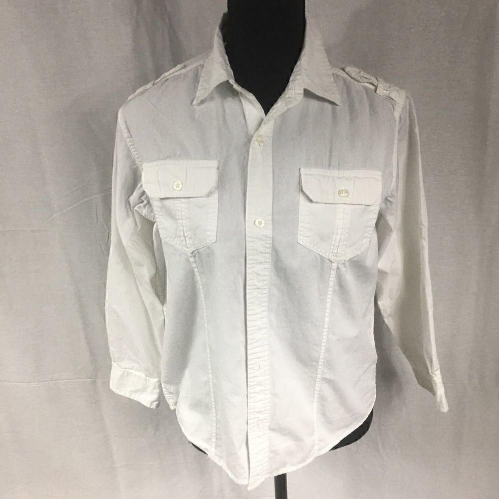 PD&C white button front blouse X Large long sleeved button pockets uniform type